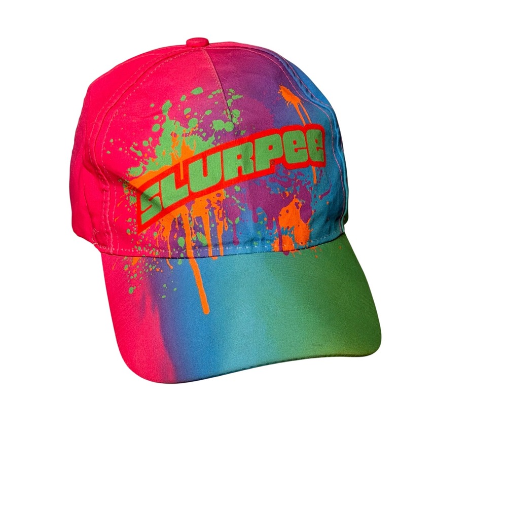 Vintage 1990s Slurpee Hat Neon Paint Splatter Colorful Adjustable Cap
